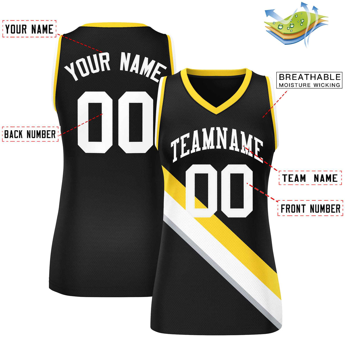 Custom Black Gold-White Thick Slash Fashion Tops Mesh Netball Dress For Women
