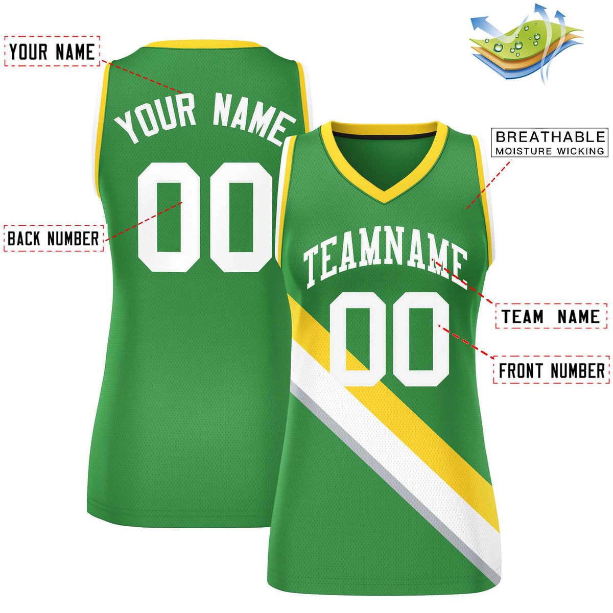 Custom Kelly Green Gold-White Thick Slash Fashion Tops Mesh Netball Dress For Women