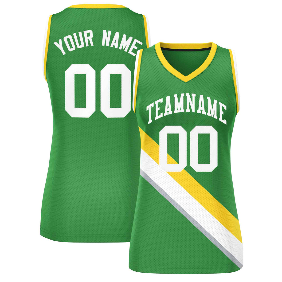 Custom Kelly Green Gold-White Thick Slash Fashion Tops Mesh Netball Dress For Women