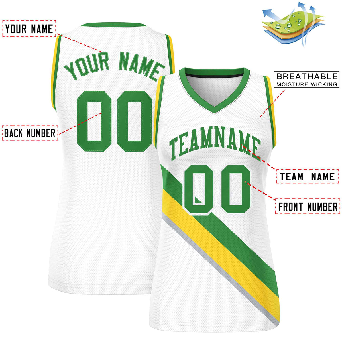 Custom White Kelly Green-Gold Thick Slash Fashion Tops Mesh Netball Dress For Women