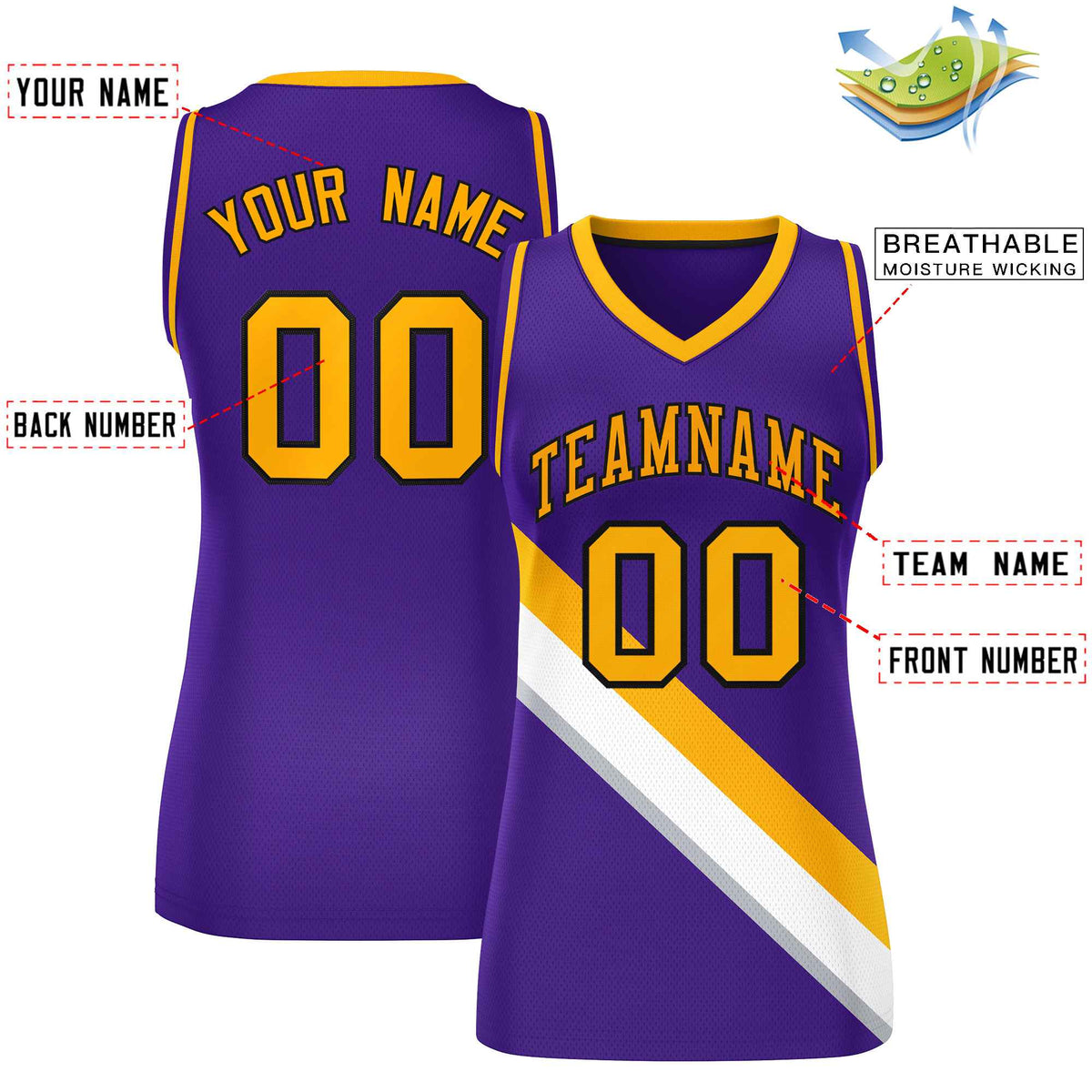Custom Purple Yellow-Purple Thick Slash Fashion Tops Mesh Netball Dress For Women