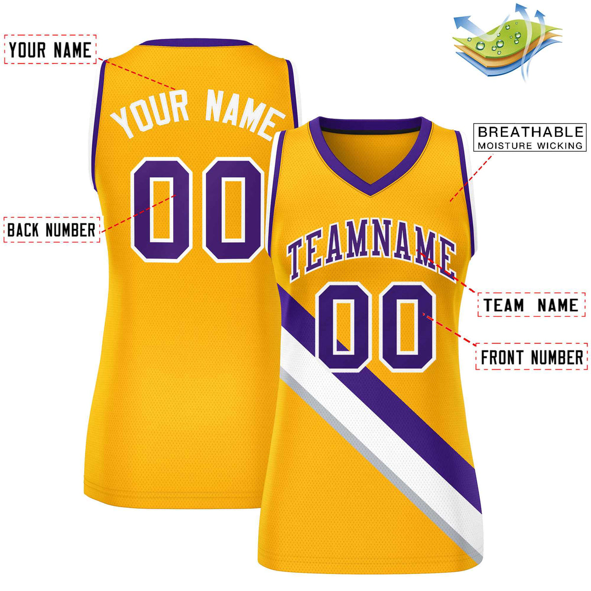 Custom Yellow Purple-White Thick Slash Fashion Tops Mesh Netball Dress For Women