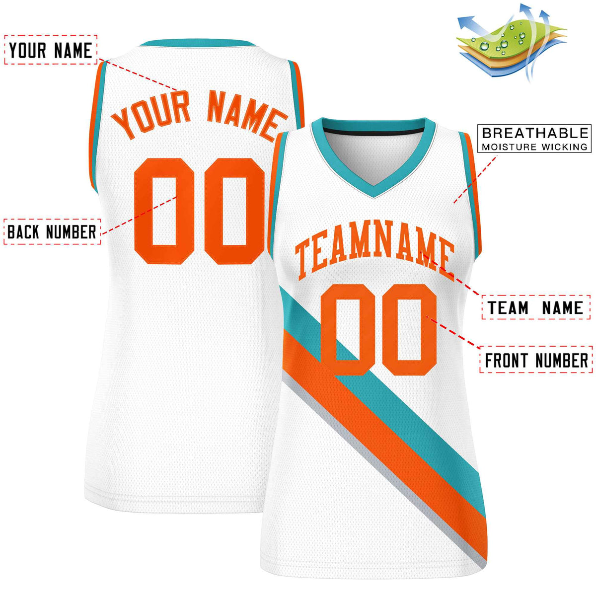Custom White Aqua-Orange Thick Slash Fashion Tops Mesh Netball Dress For Women