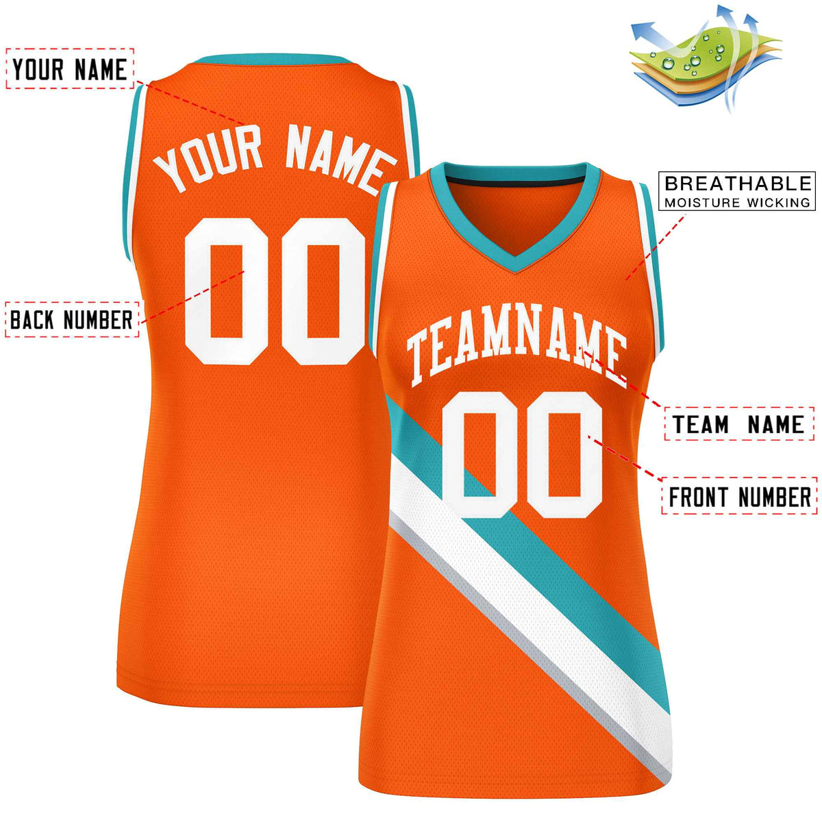 Custom Orange White-Aqua Thick Slash Fashion Tops Mesh Netball Dress For Women