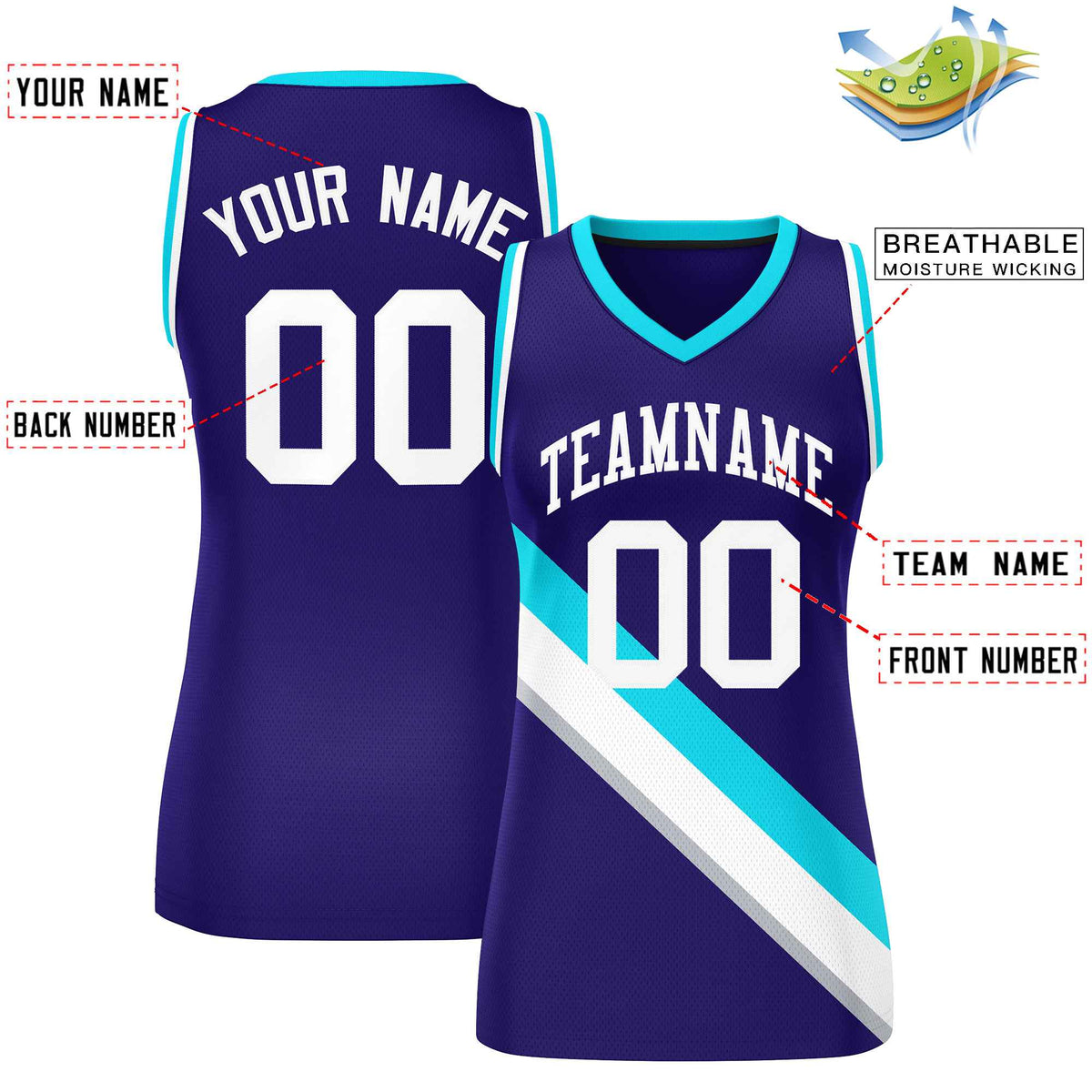 Custom Purple White-Powder Blue Thick Slash Fashion Tops Mesh Netball Dress For Women