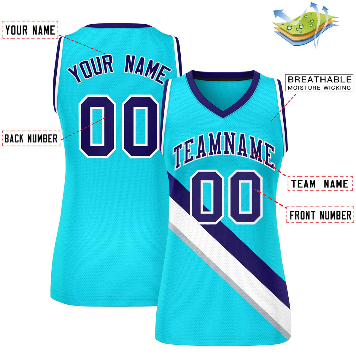 Custom Powder Blue White-Purple Thick Slash Fashion Tops Mesh Netball Dress For Women