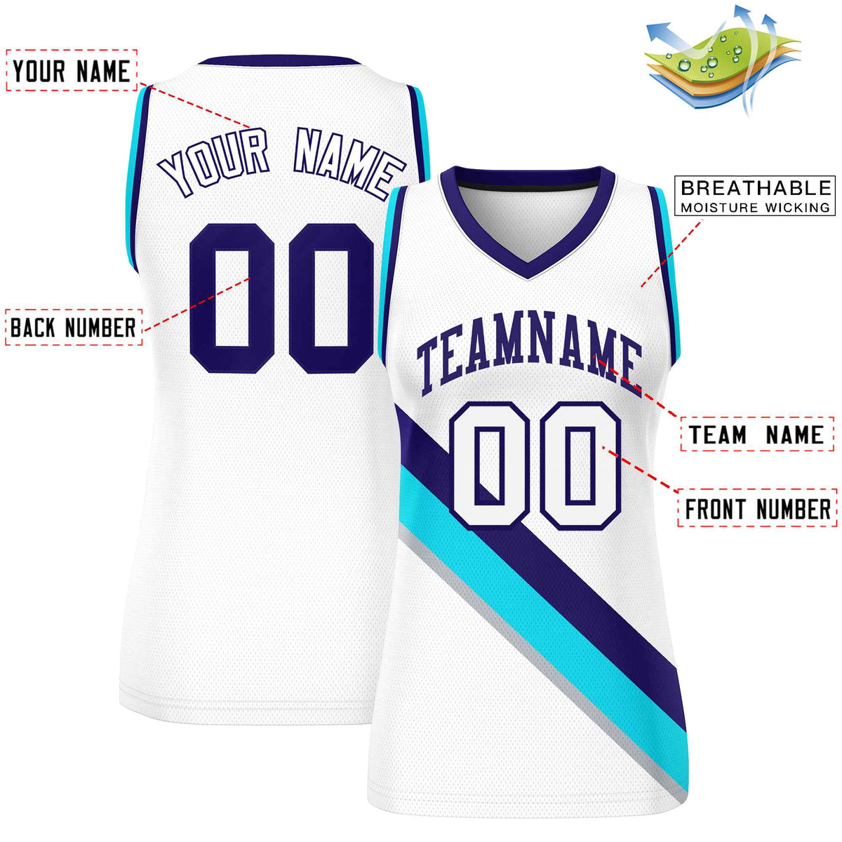 Custom White Purple-Powder Blue Thick Slash Fashion Tops Mesh Netball Dress For Women