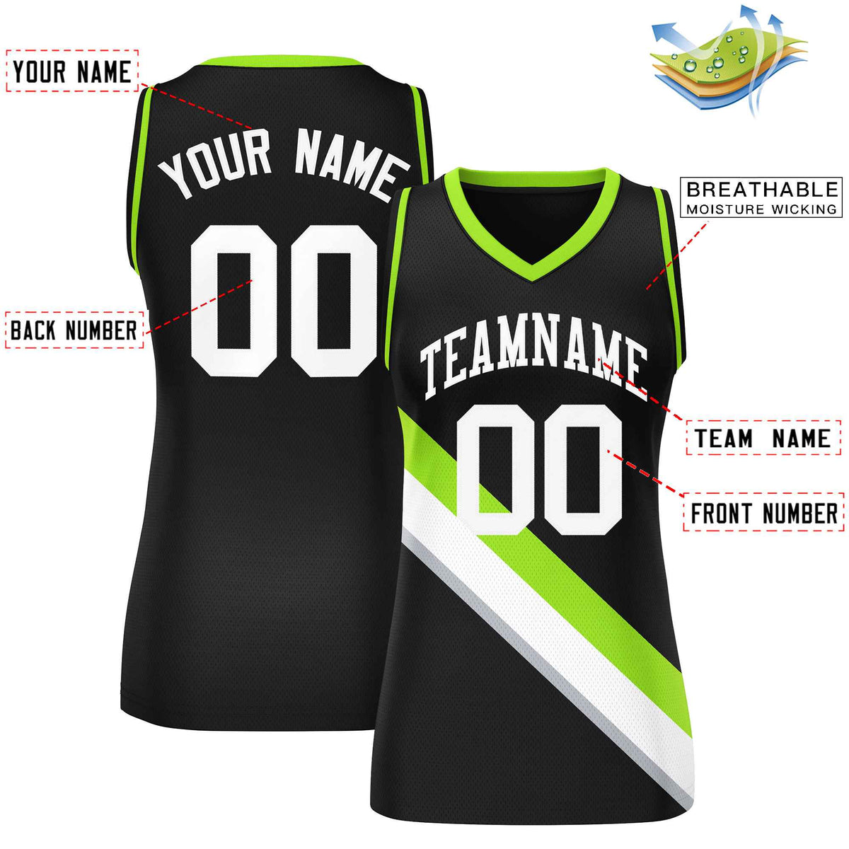 Custom Black Neon Green-Black Thick Slash Fashion Tops Mesh Netball Dress For Women