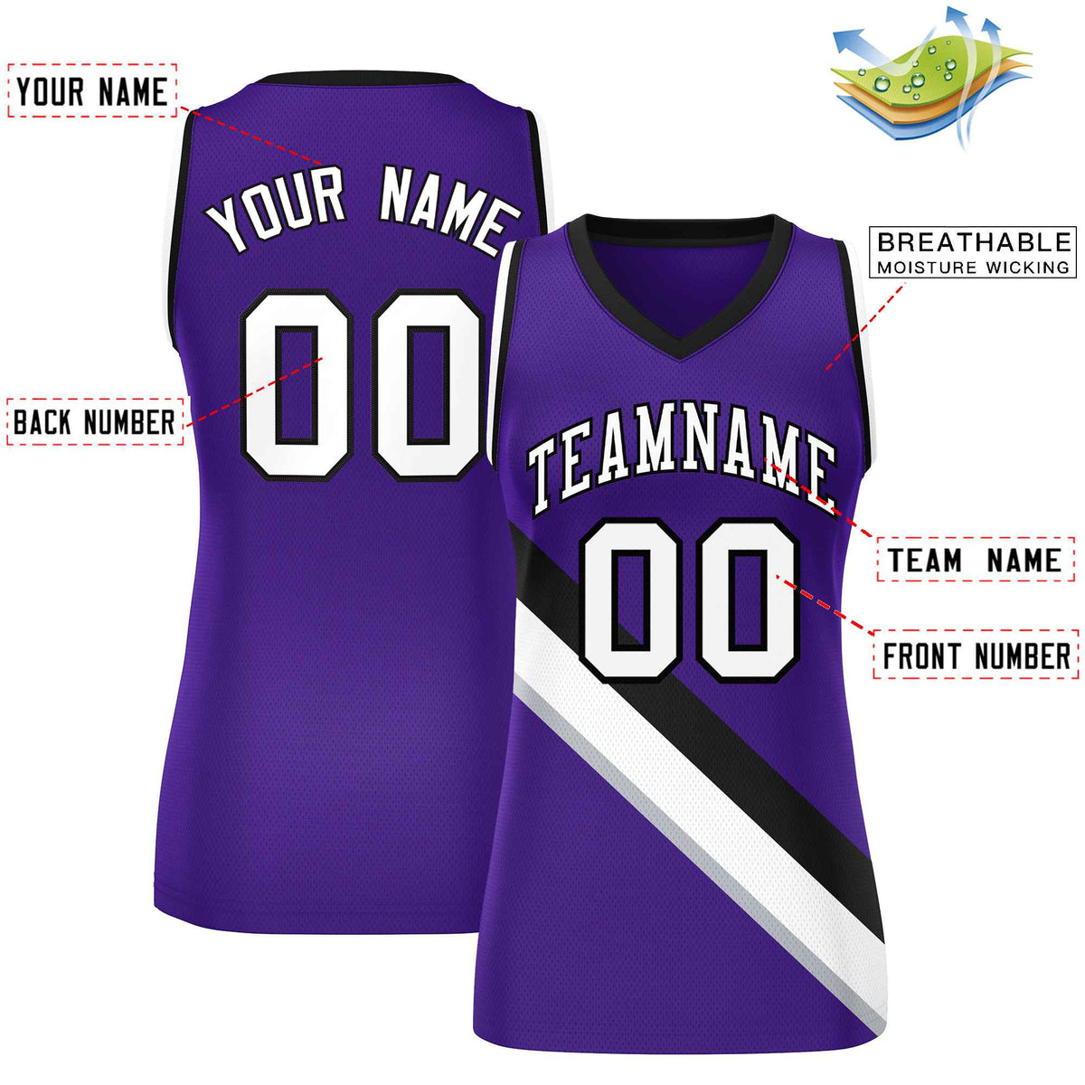 Custom Purple Black-White Thick Slash Fashion Tops Mesh Netball Dress For Women