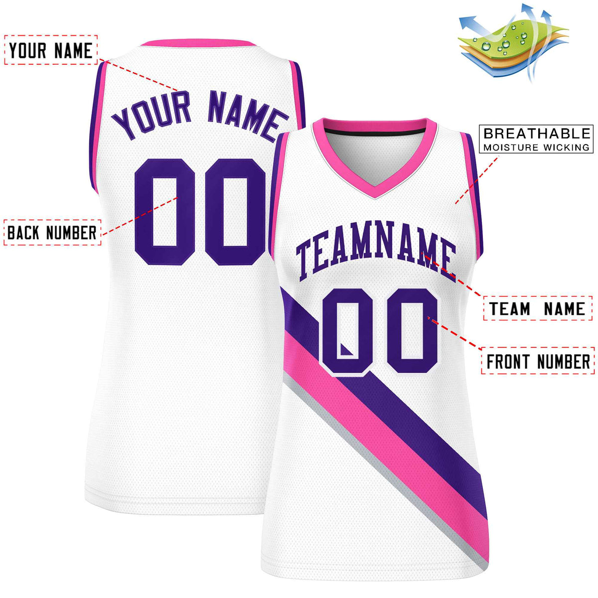 Custom White Pink-Purple Thick Slash Fashion Tops Mesh Netball Dress For Women
