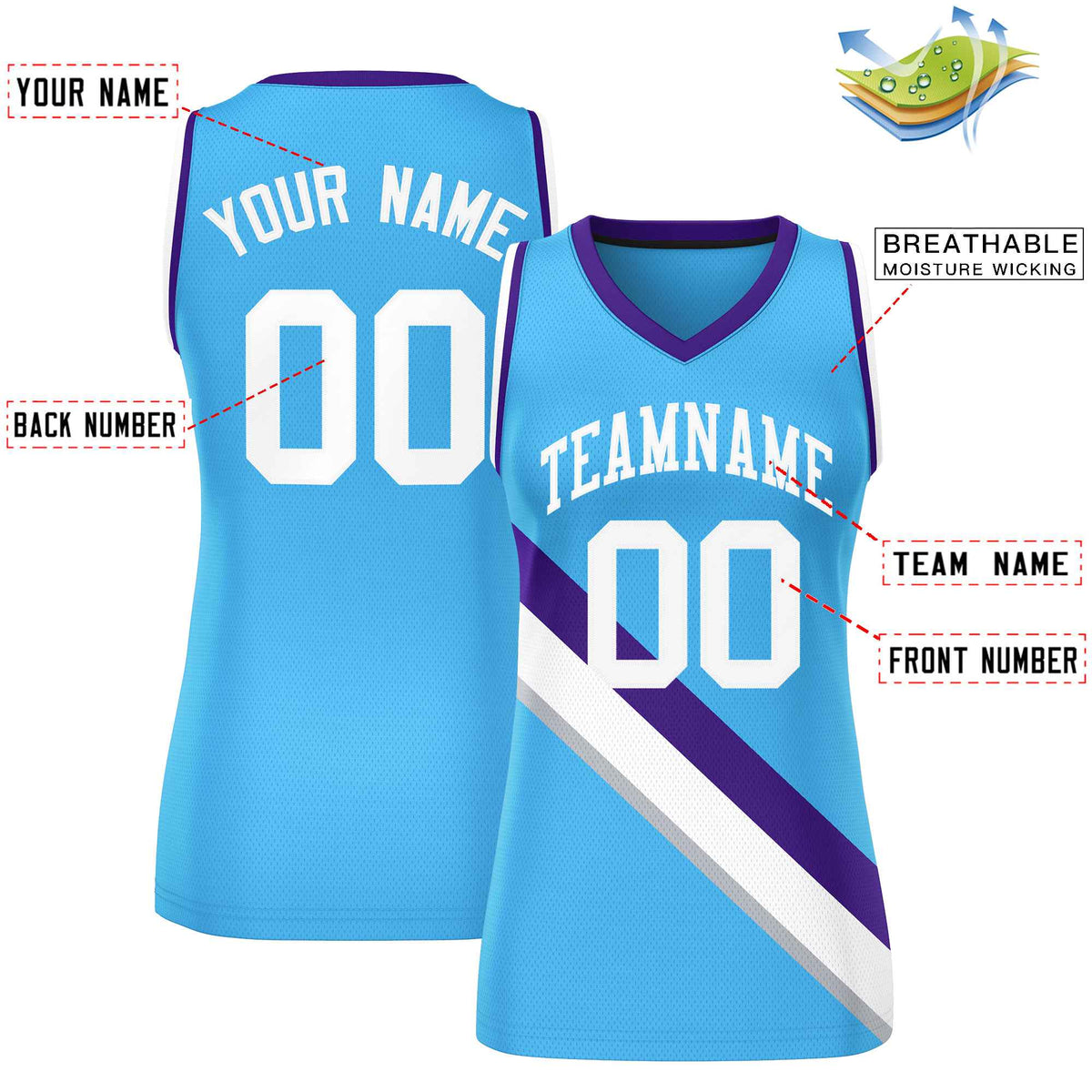 Custom Powder Blue Purple-White Thick Slash Fashion Tops Mesh Netball Dress For Women