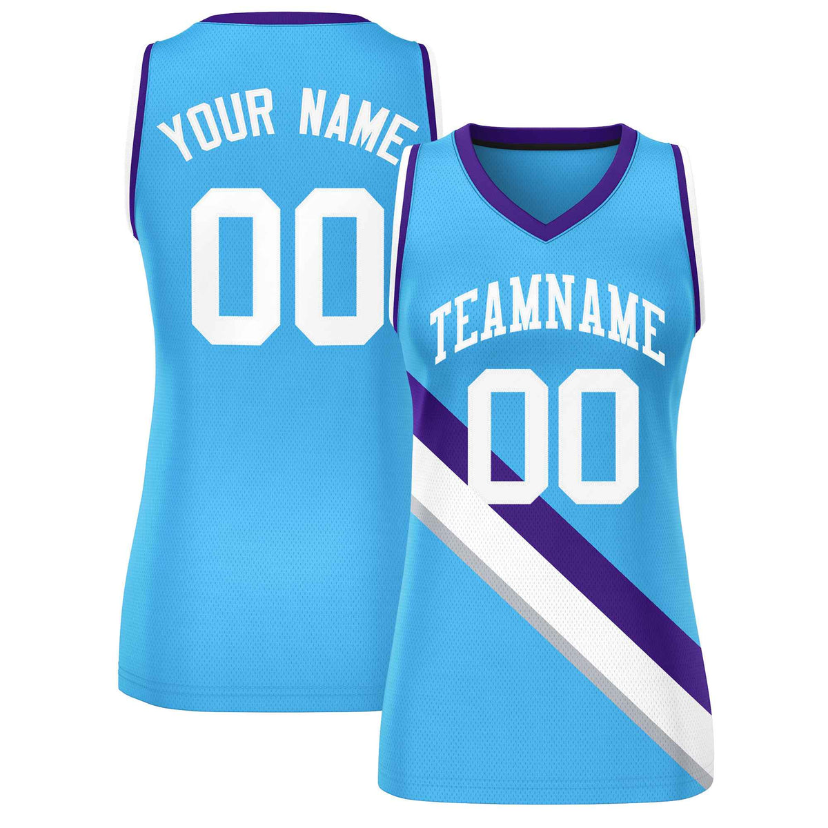 Custom Powder Blue Purple-White Thick Slash Fashion Tops Mesh Netball Dress For Women