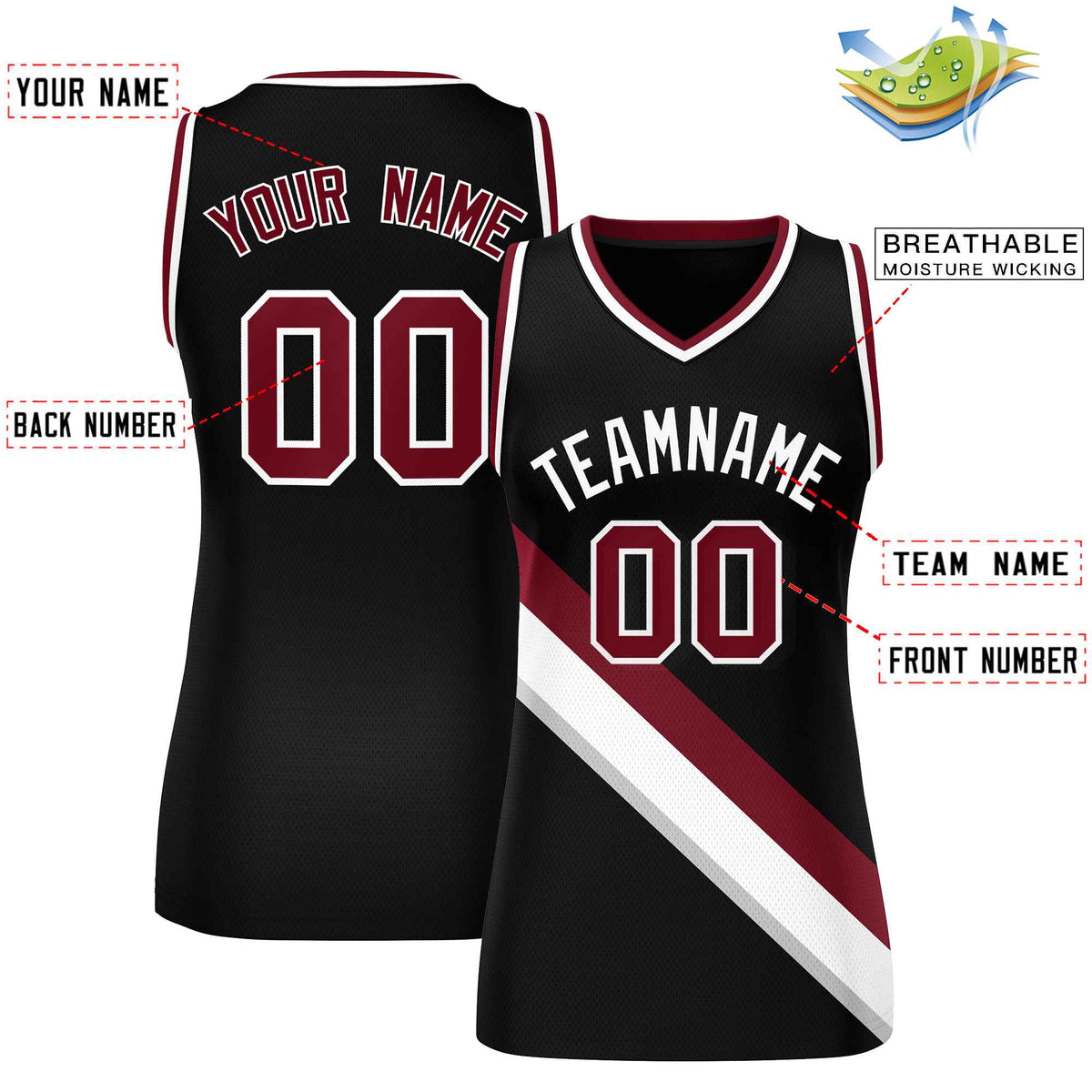Custom Black Crimson-White Thick Slash Fashion Tops Mesh Netball Dress For Women