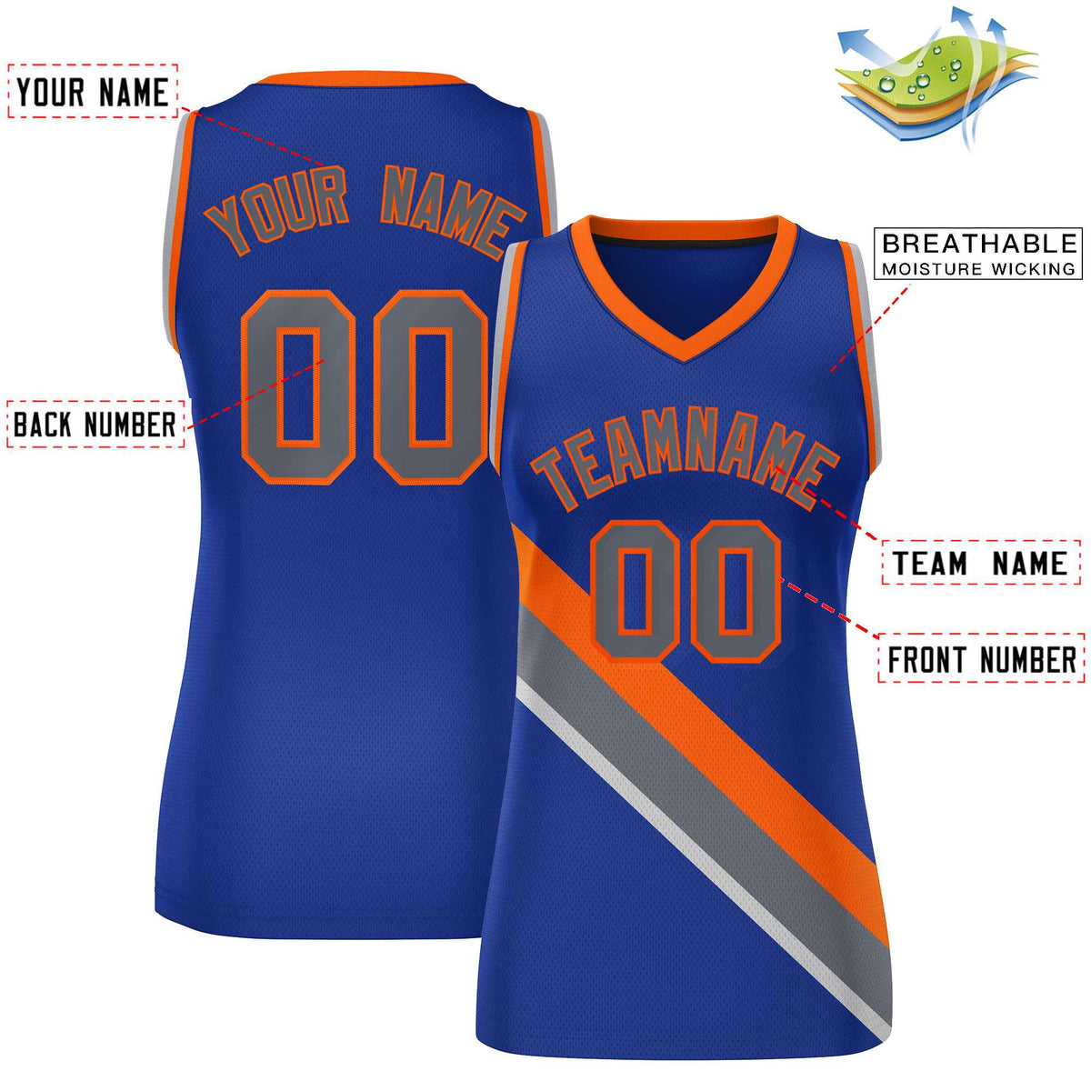 Custom Royal Orange-Dark Gray Thick Slash Fashion Tops Mesh Netball Dress For Women