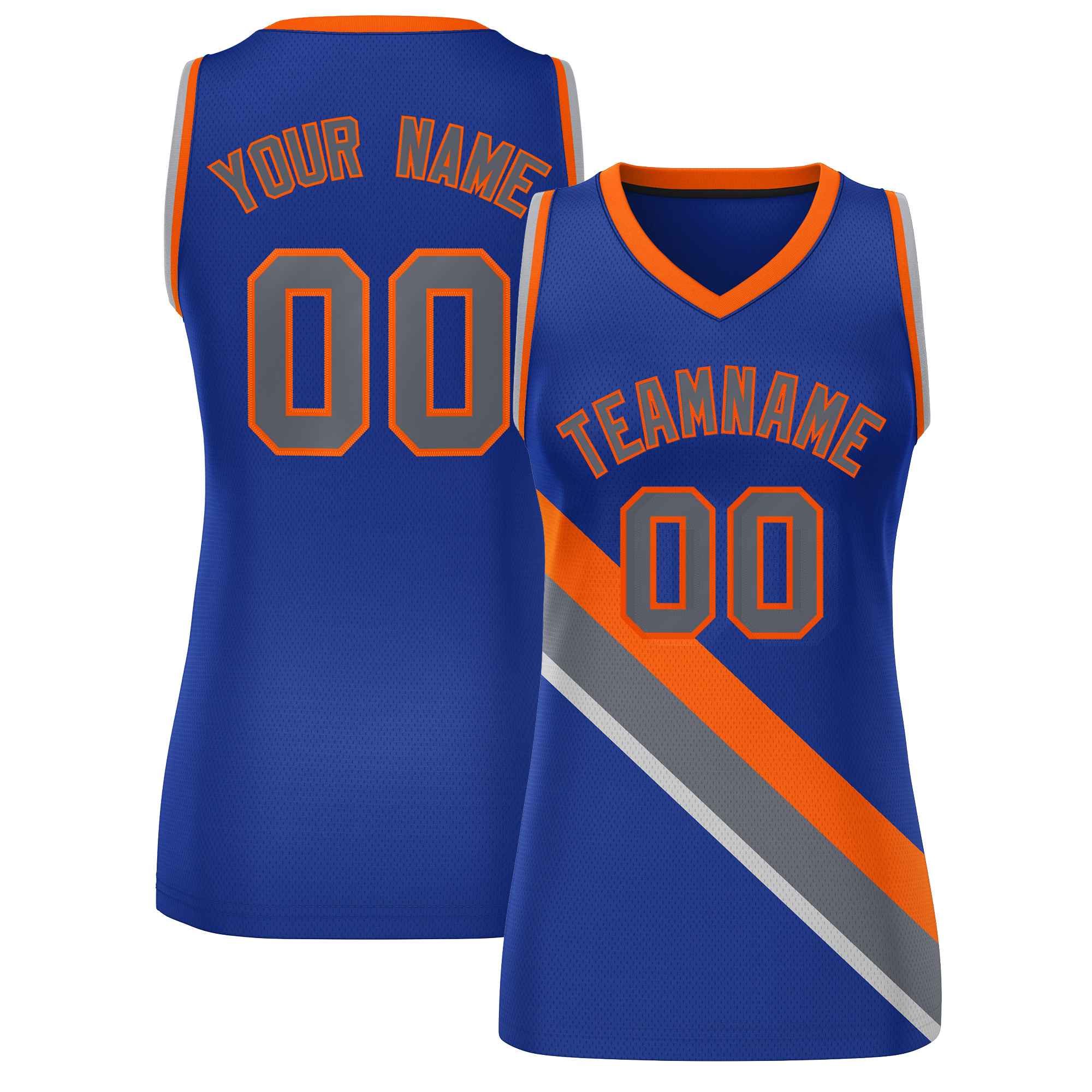 Custom Royal Orange-Dark Gray Thick Slash Fashion Tops Mesh Netball Dress For Women