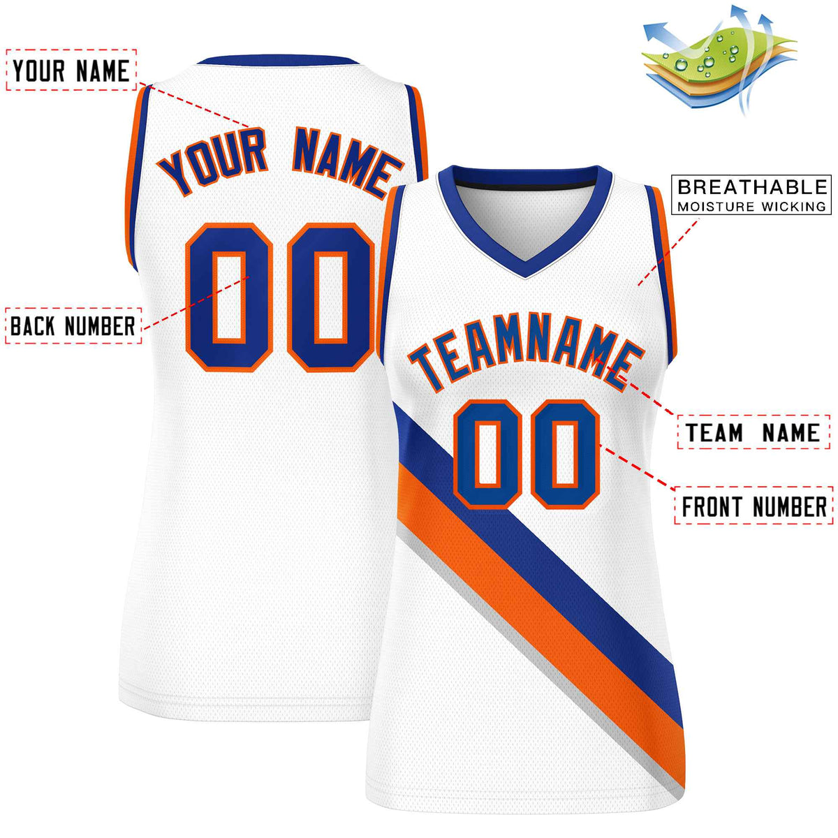 Custom White Royal-Orange Thick Slash Fashion Tops Mesh Netball Dress For Women