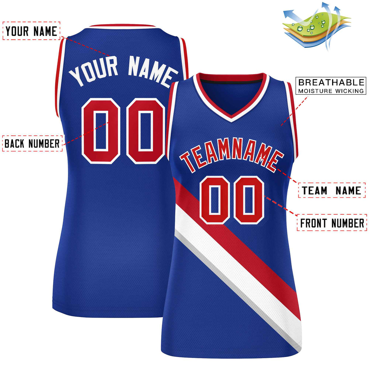 Custom Royal White-Red Thick Slash Fashion Tops Mesh Netball Dress For Women