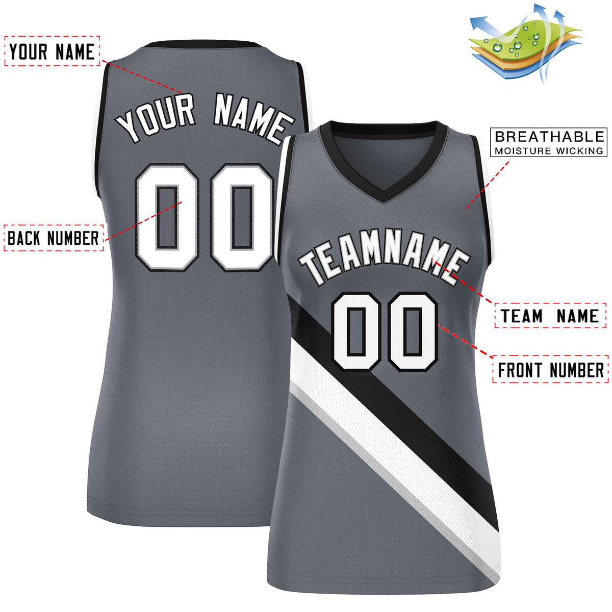 Custom Dark Gray Black-White Thick Slash Fashion Tops Mesh Netball Dress For Women