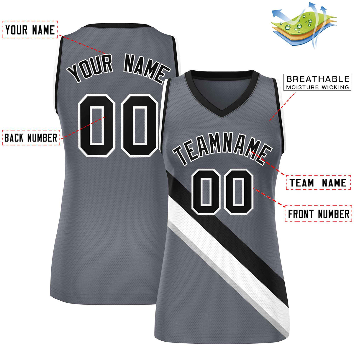 Custom Dark Gray Black-White Thick Slash Fashion Tops Mesh Netball Dress For Women