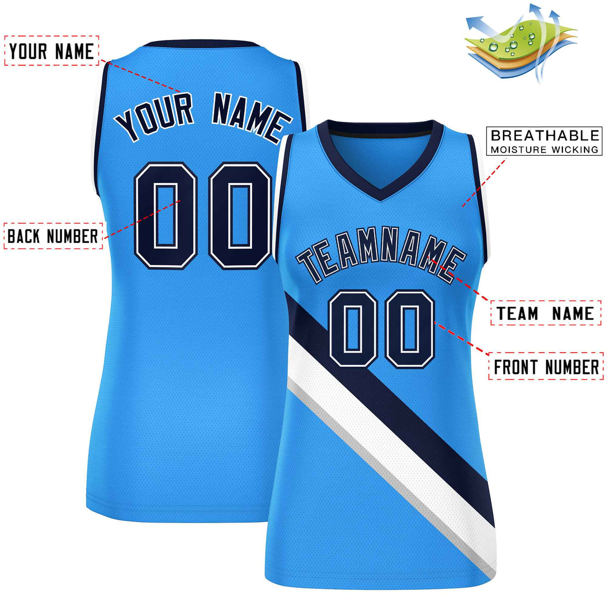 Custom Powder Blue Navy-White Thick Slash Fashion Tops Mesh Netball Dress For Women
