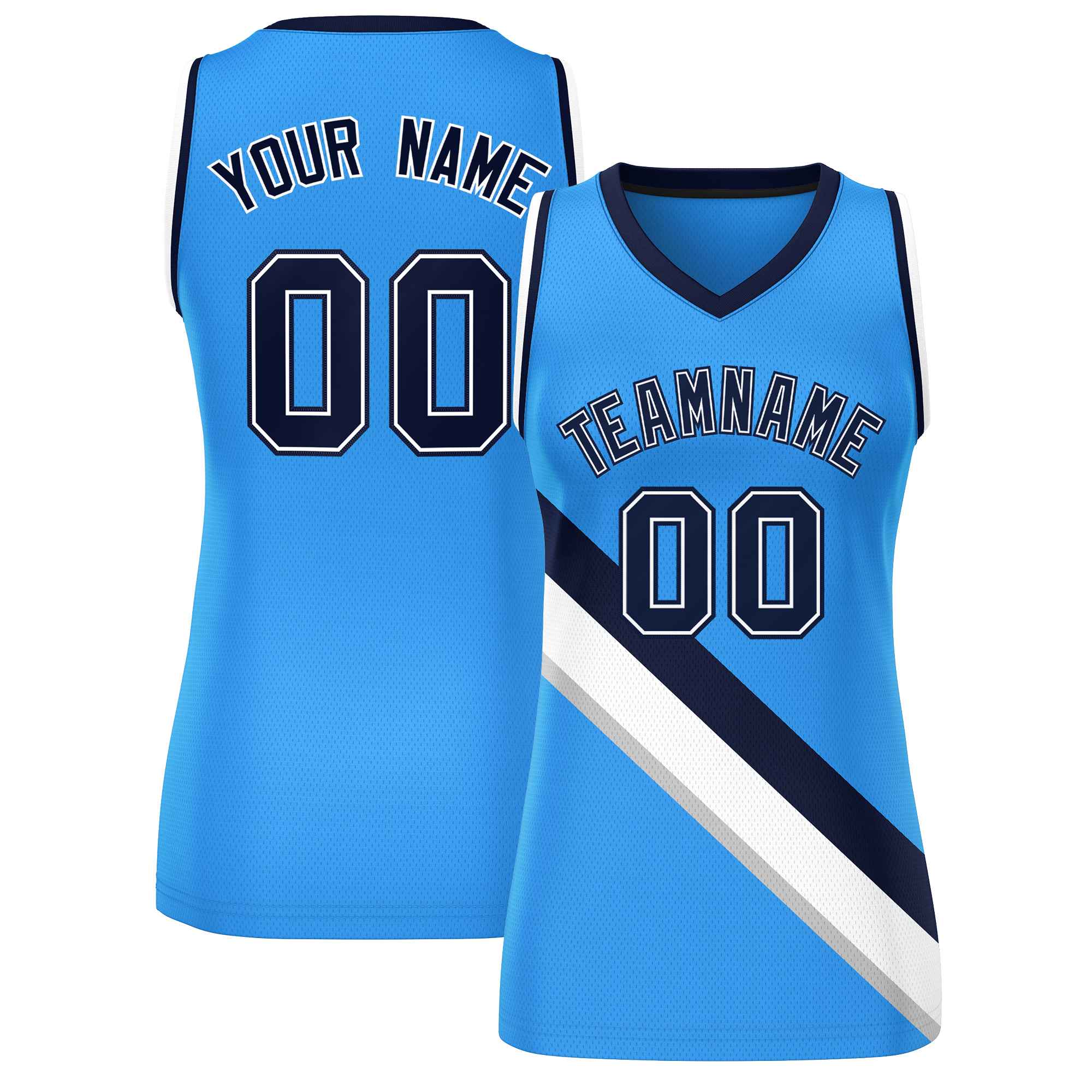 Custom Powder Blue Navy-White Thick Slash Fashion Tops Mesh Netball Dress For Women