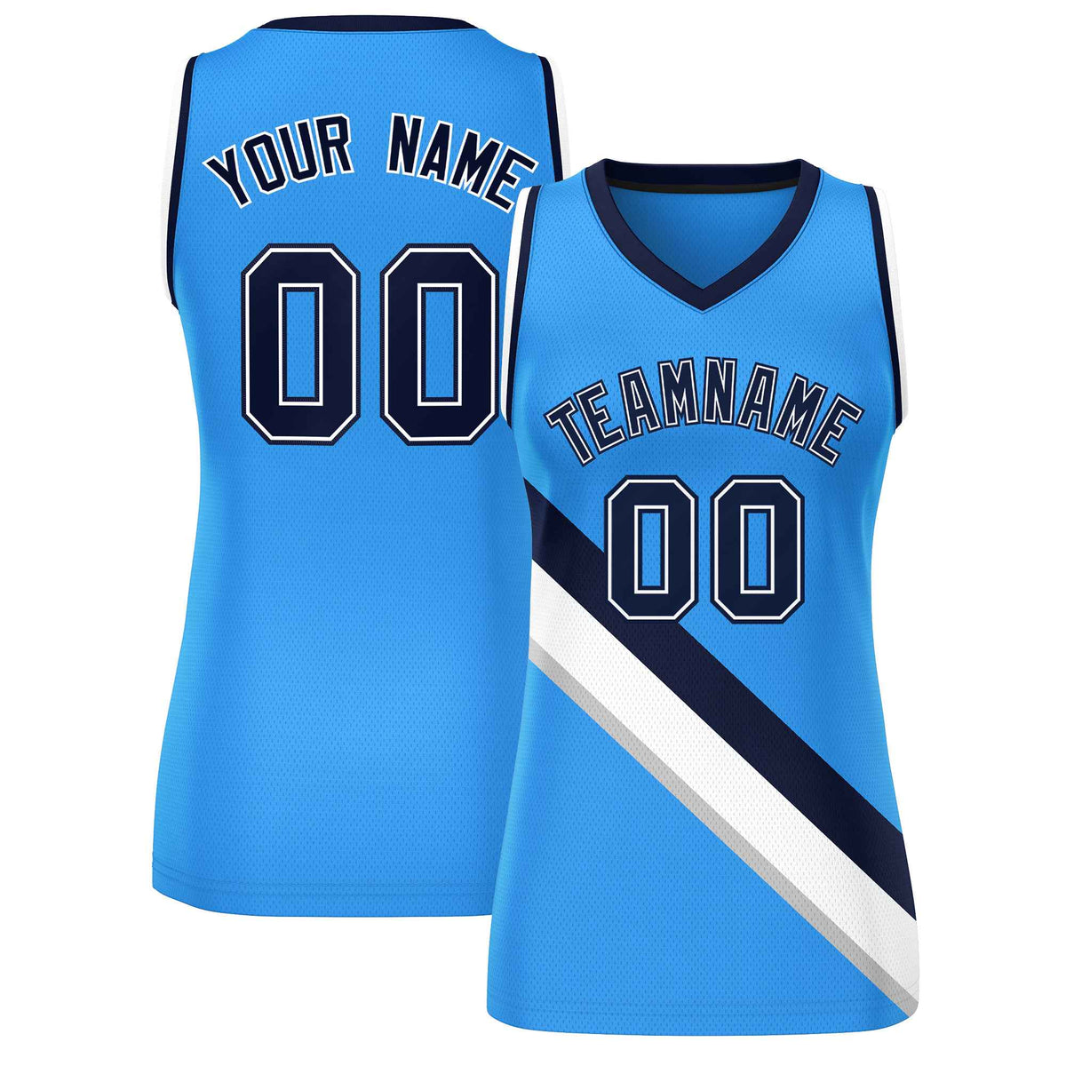 Custom Powder Blue Navy-White Thick Slash Fashion Tops Mesh Netball Dress For Women