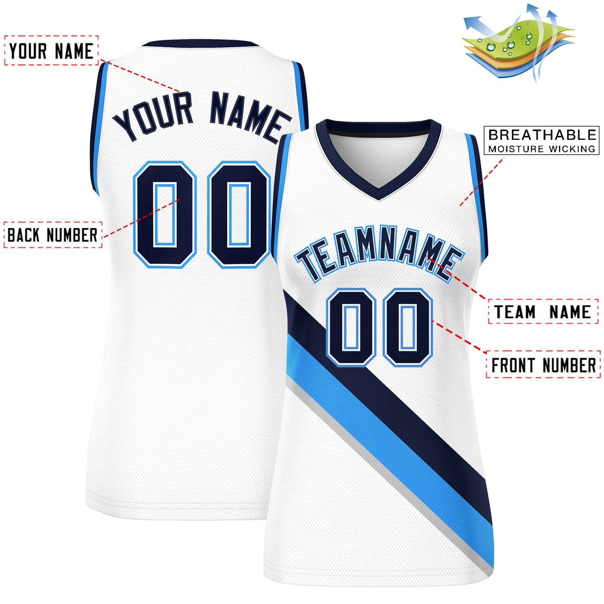 Custom White Powder Blue-Navy Thick Slash Fashion Tops Mesh Netball Dress For Women