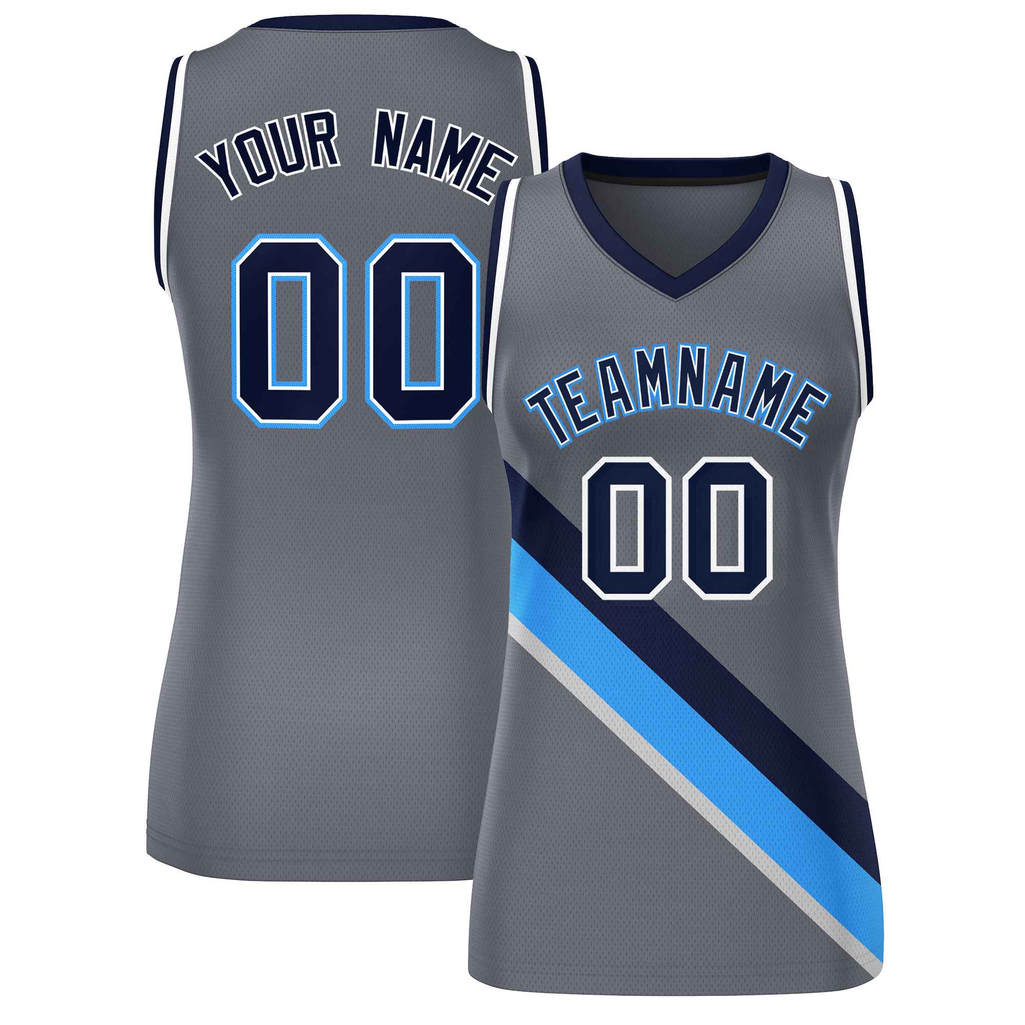 Custom Dark Gray White-Navy Thick Slash Fashion Tops Mesh Netball Dress For Women
