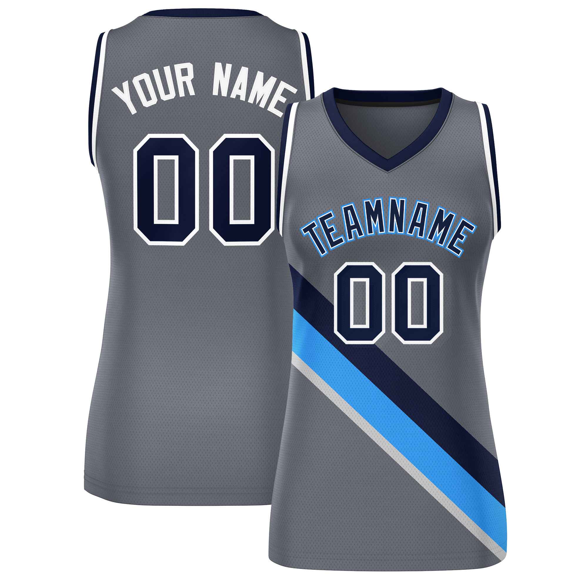 Custom Dark Gray White-Navy Thick Slash Fashion Tops Mesh Netball Dress For Women