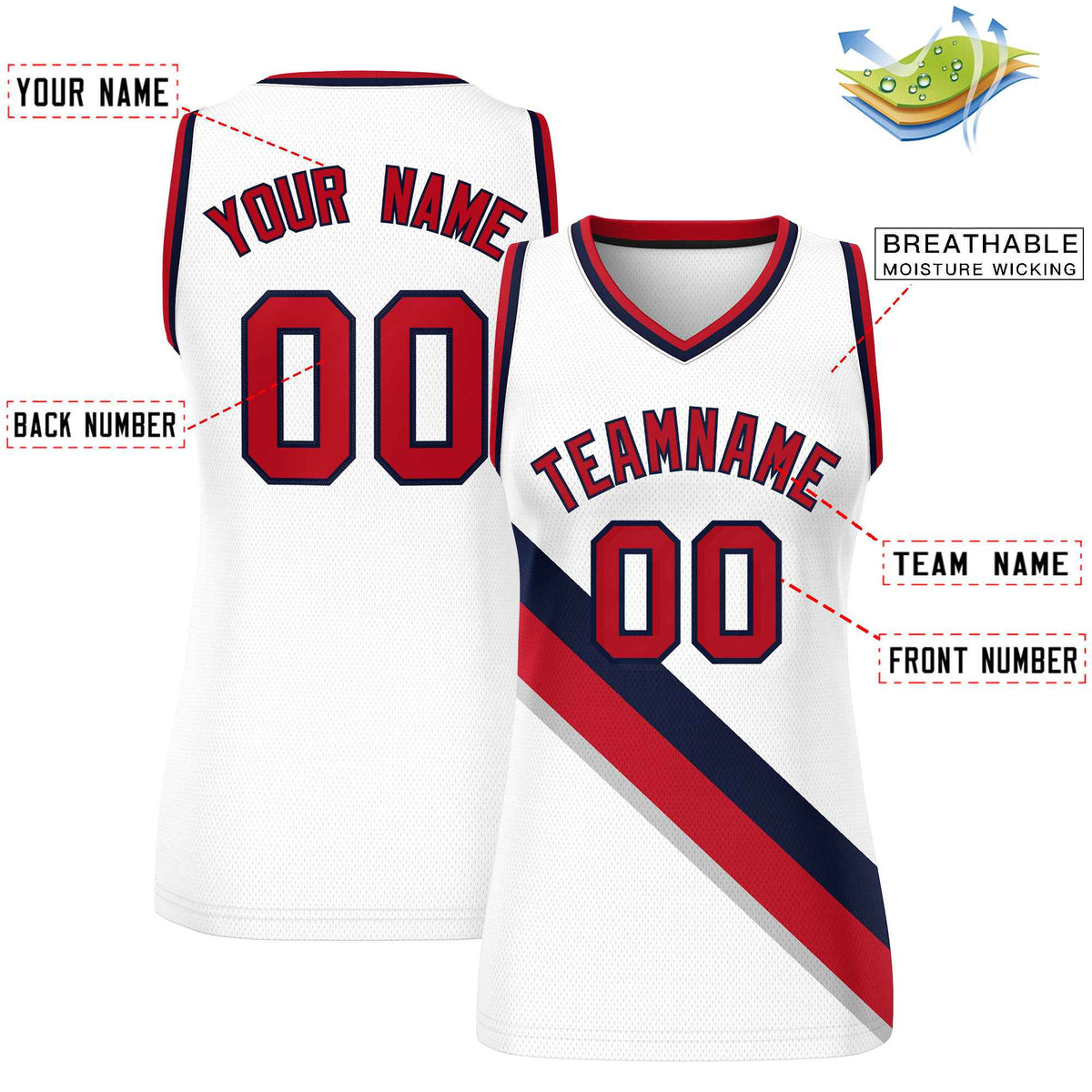 Custom White Navy-Red Thick Slash Fashion Tops Mesh Netball Dress For Women