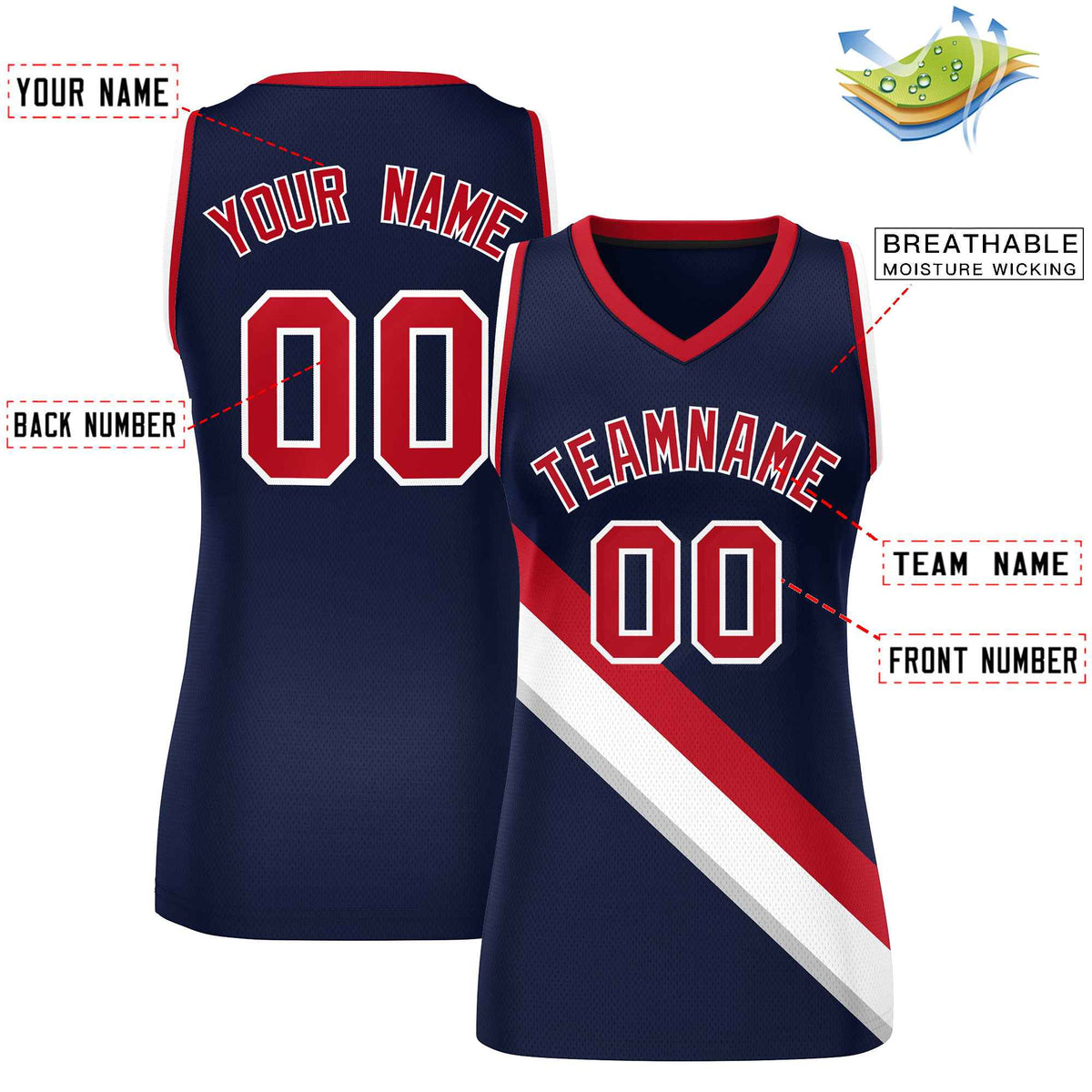 Custom Dark Gray Navy-Red Thick Slash Fashion Tops Mesh Netball Dress For Women