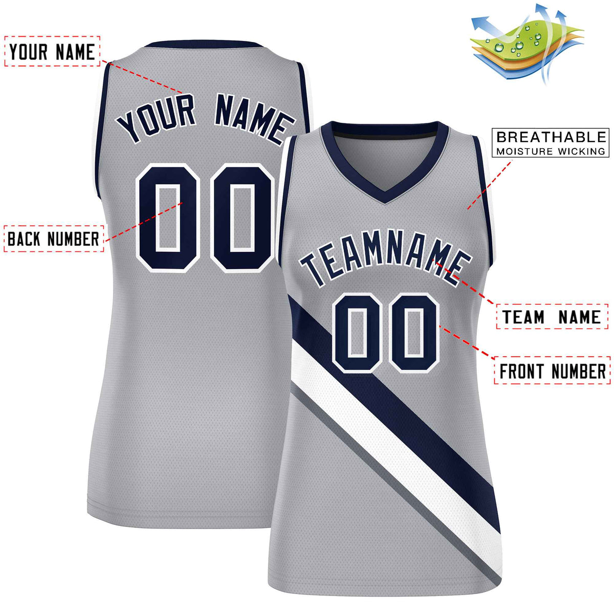Custom Light Gray Navy-White Thick Slash Fashion Tops Mesh Netball Dress For Women