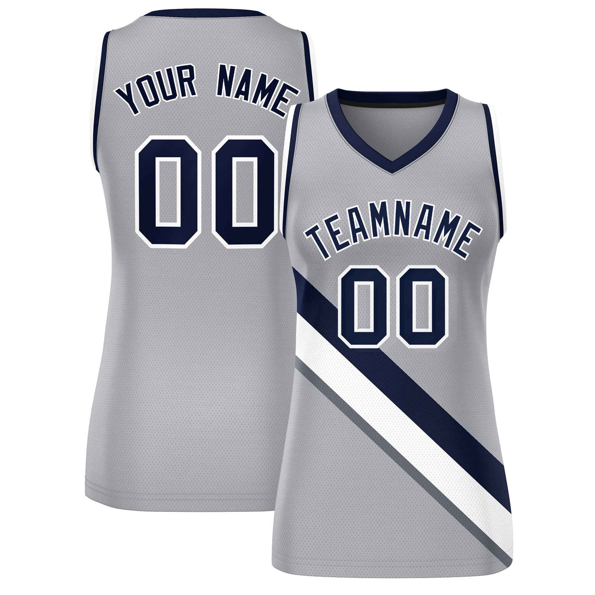 Custom Light Gray Navy-White Thick Slash Fashion Tops Mesh Netball Dress For Women