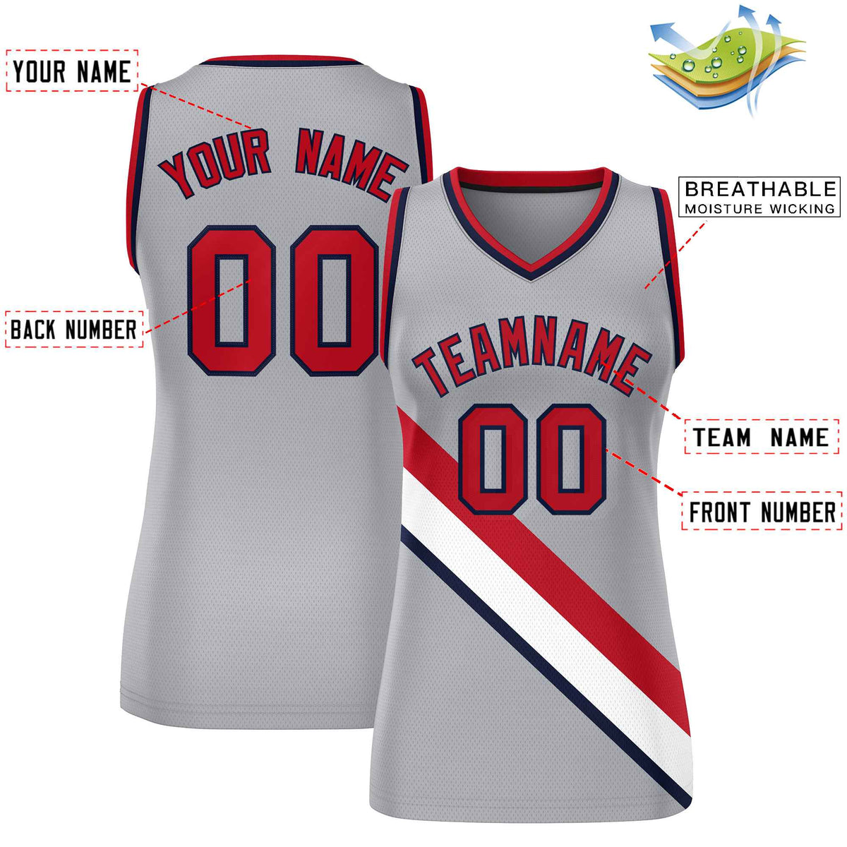 Custom Light Gray Navy-Red Thick Slash Fashion Tops Mesh Netball Dress For Women