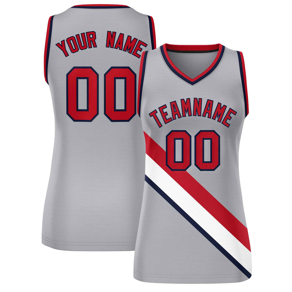 Custom Light Gray Navy-Red Thick Slash Fashion Tops Mesh Netball Dress For Women