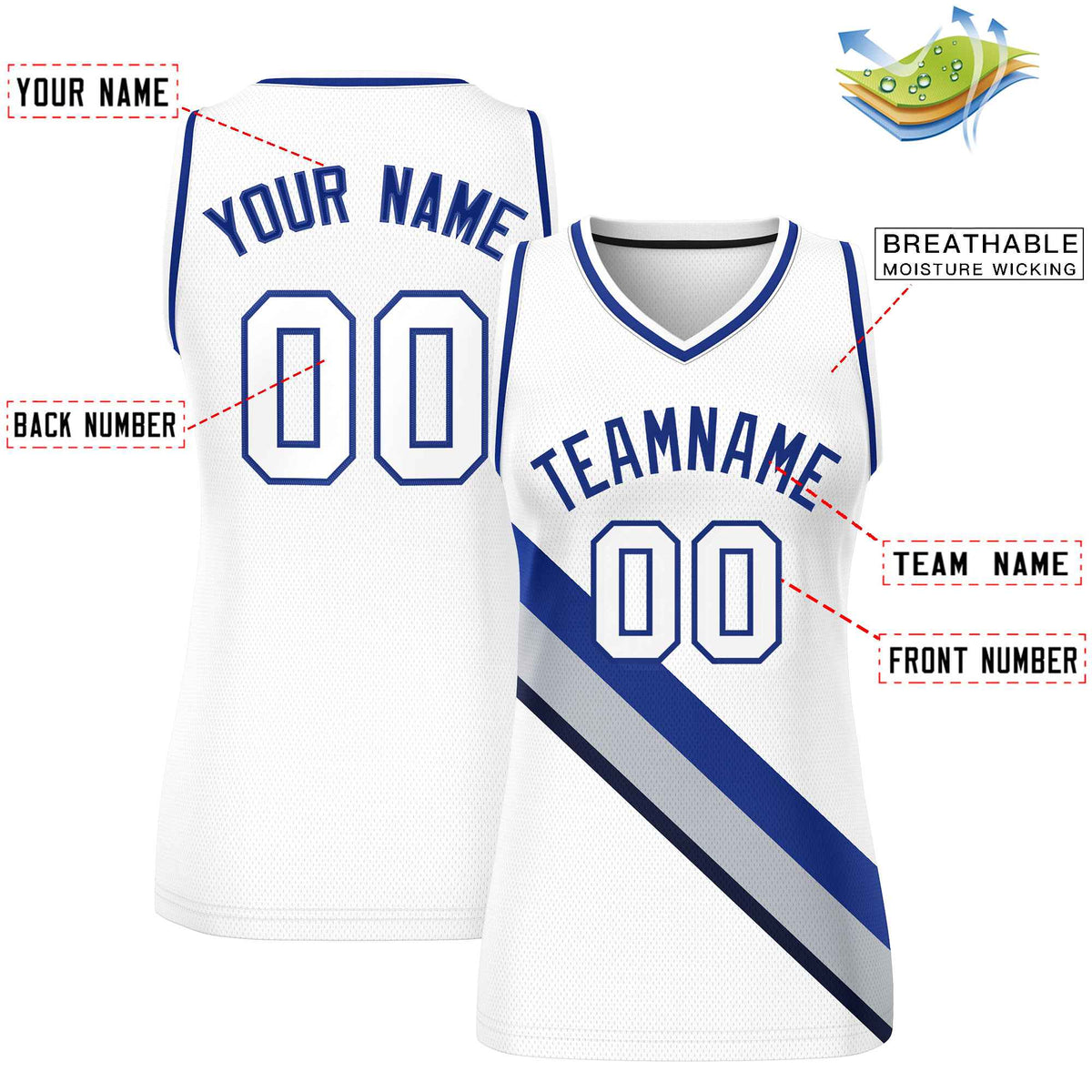 Custom White Navy-White Thick Slash Fashion Tops Mesh Netball Dress For Women
