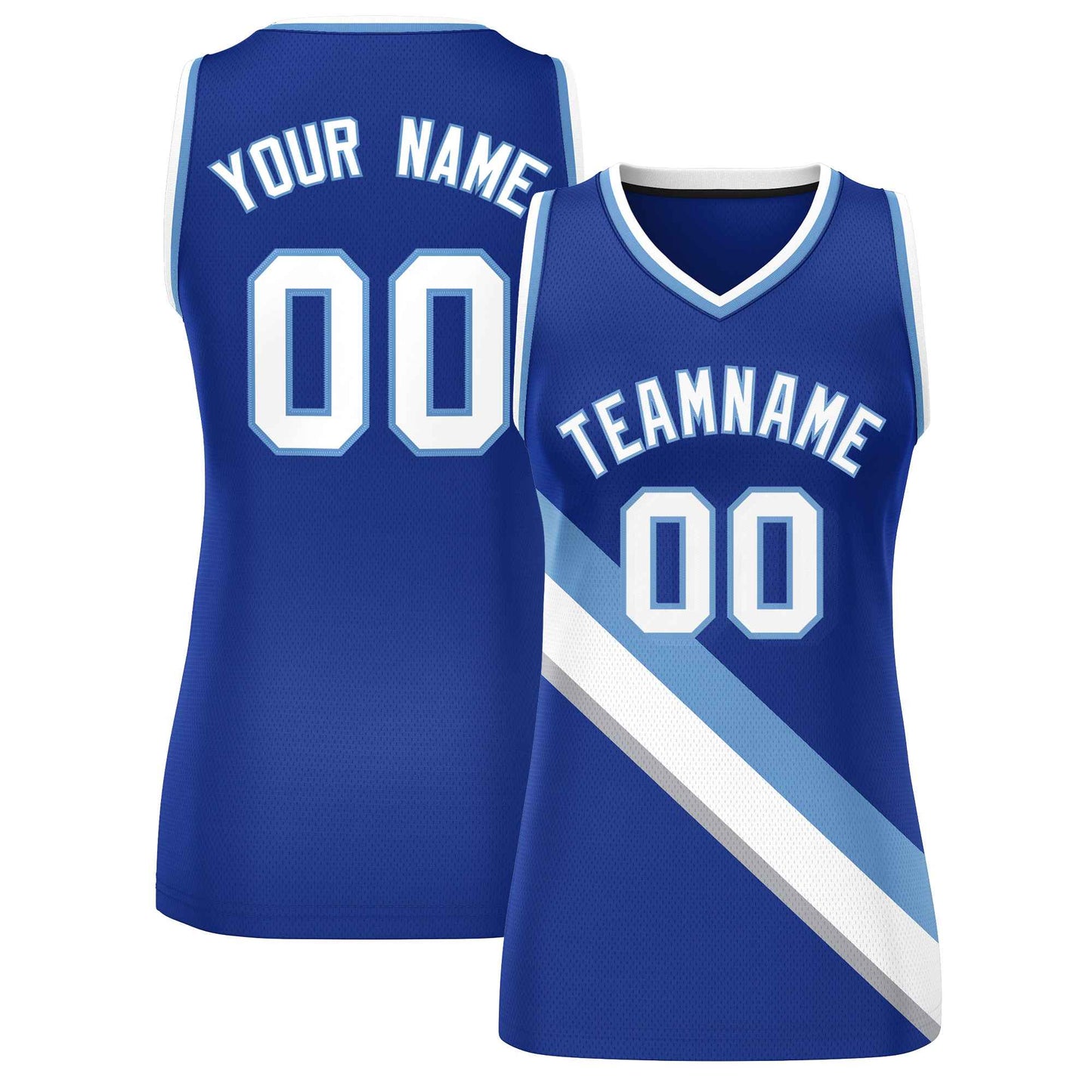 Custom Royal White-Light Blue Thick Slash Fashion Tops Mesh Netball Dress For Women