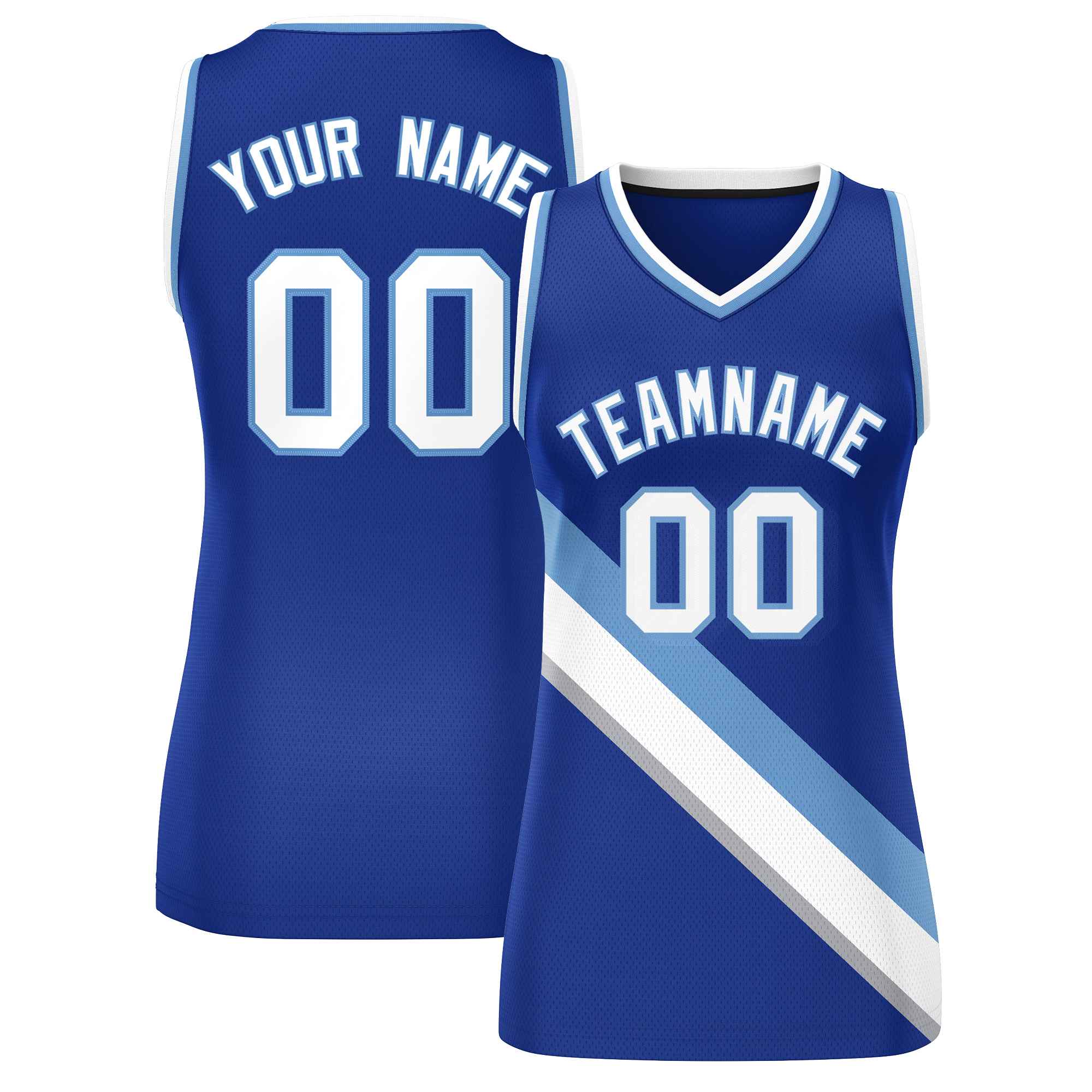Custom Royal White-Light Blue Thick Slash Fashion Tops Mesh Netball Dress For Women