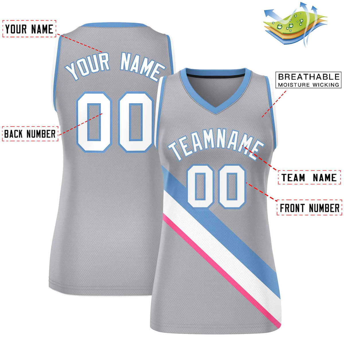 Custom Light Gray White-Light Blue Thick Slash Fashion Tops Mesh Netball Dress For Women