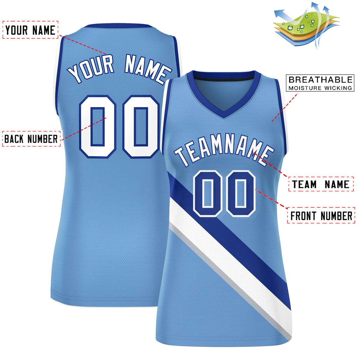 Custom Light Blue White-Royal Thick Slash Fashion Tops Mesh Netball Dress For Women