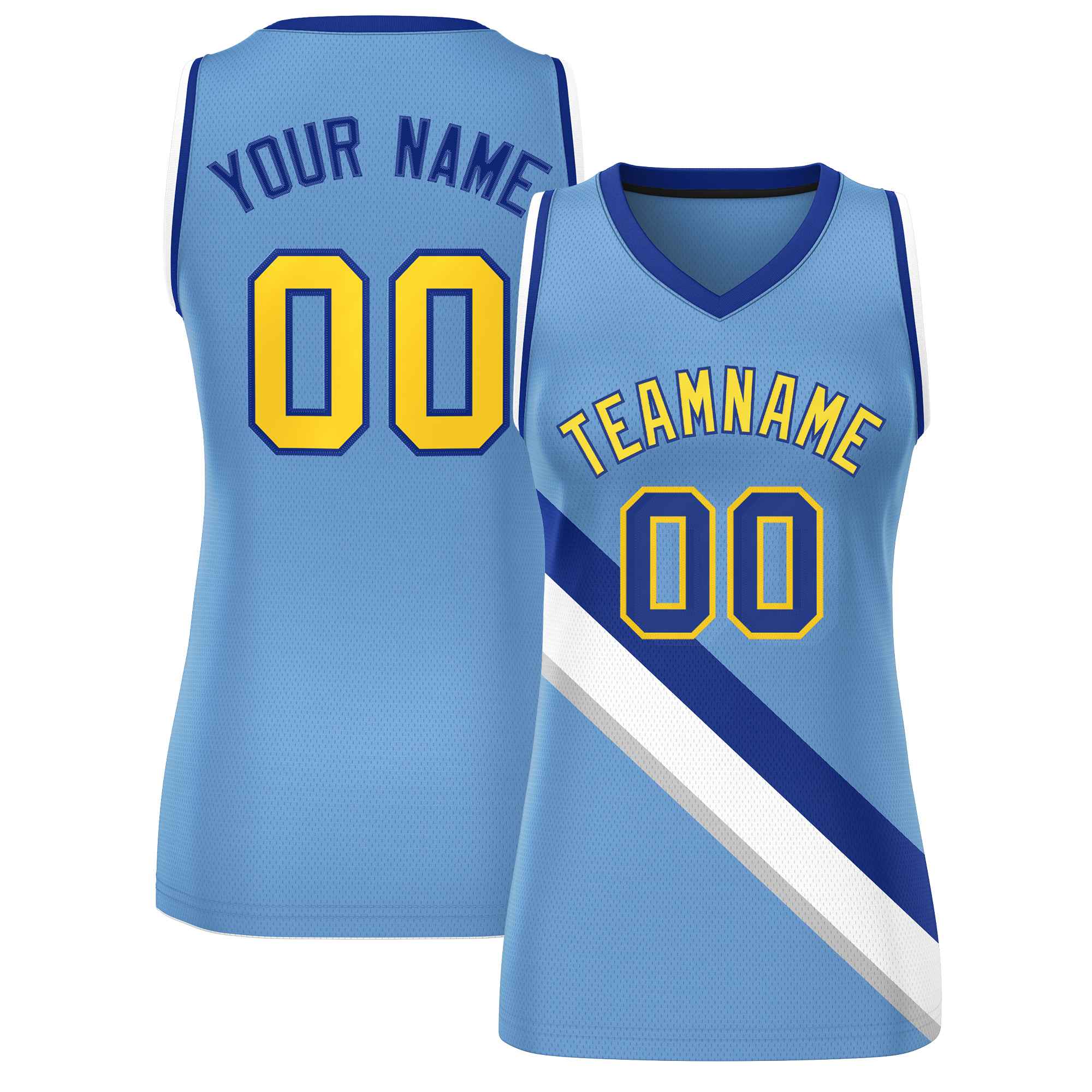Custom Light Blue White-Royal Thick Slash Fashion Tops Mesh Netball Dress For Women