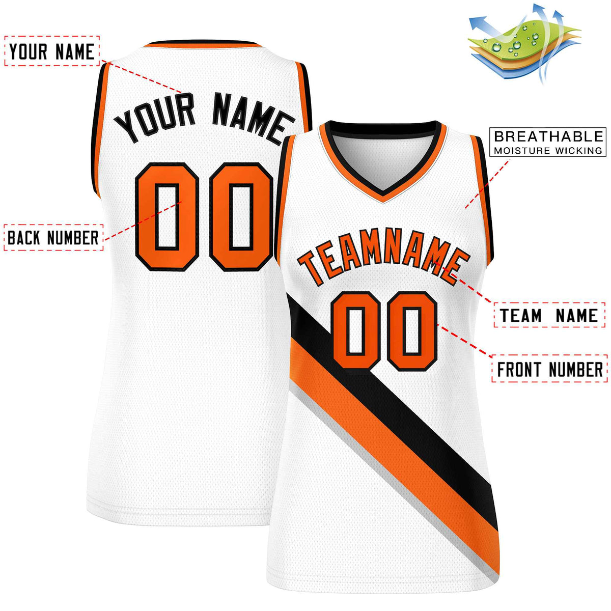 Custom White Orange-Black Thick Slash Fashion Tops Mesh Netball Dress For Women