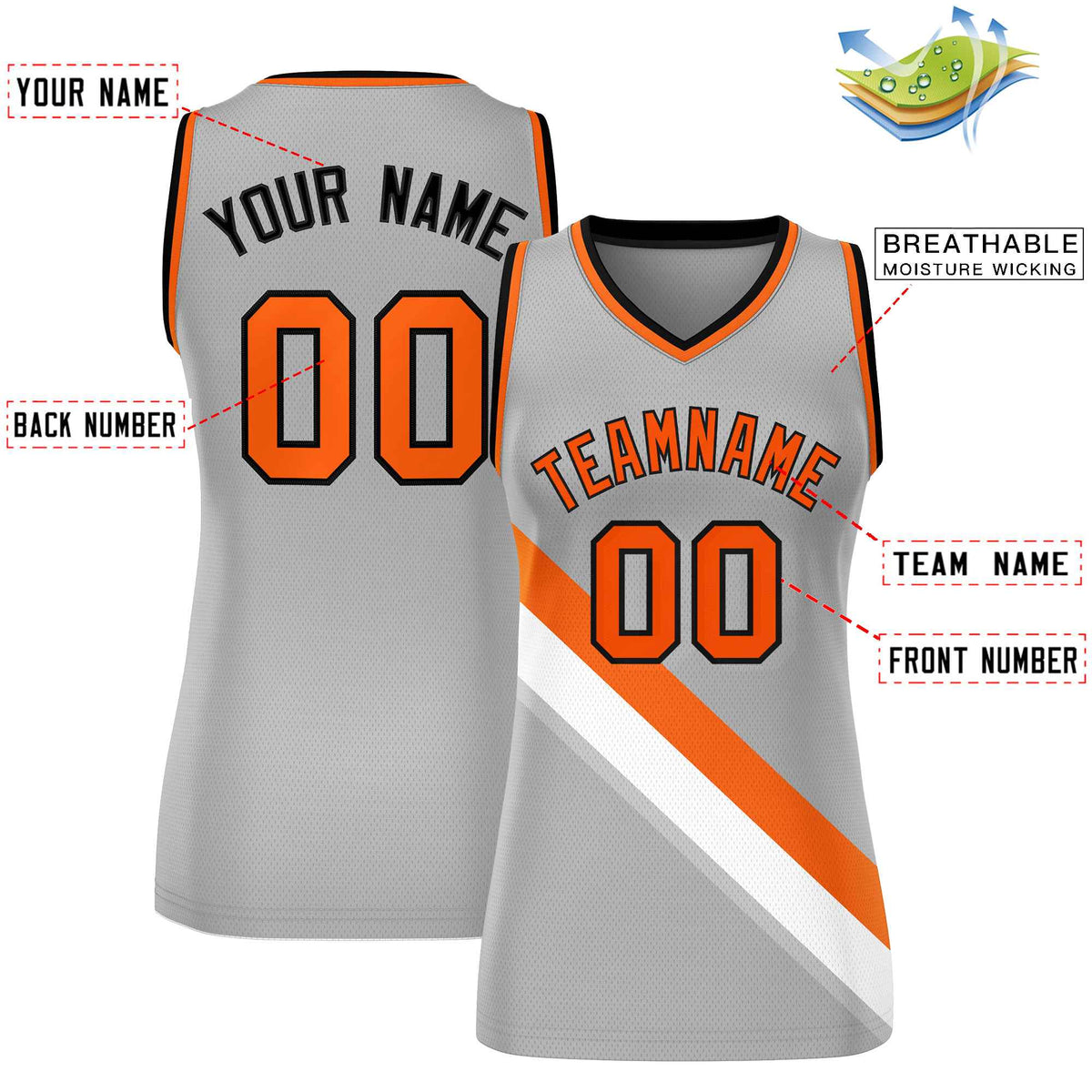 Custom Light Gray Orange-Black Thick Slash Fashion Tops Mesh Netball Dress For Women