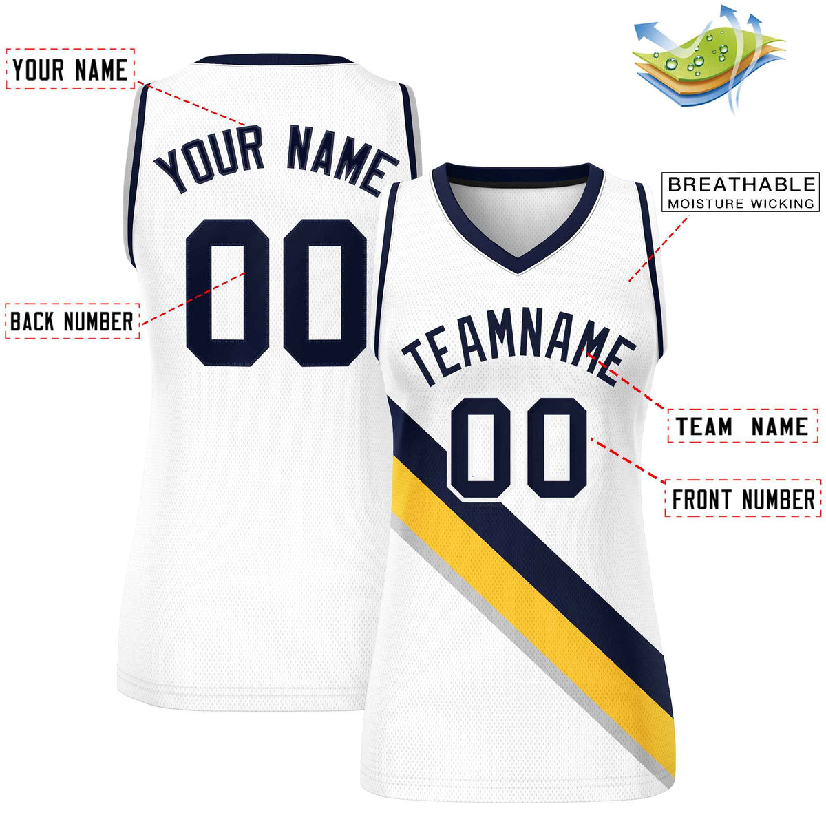 Custom White Navy-White Thick Slash Fashion Tops Mesh Netball Dress For Women