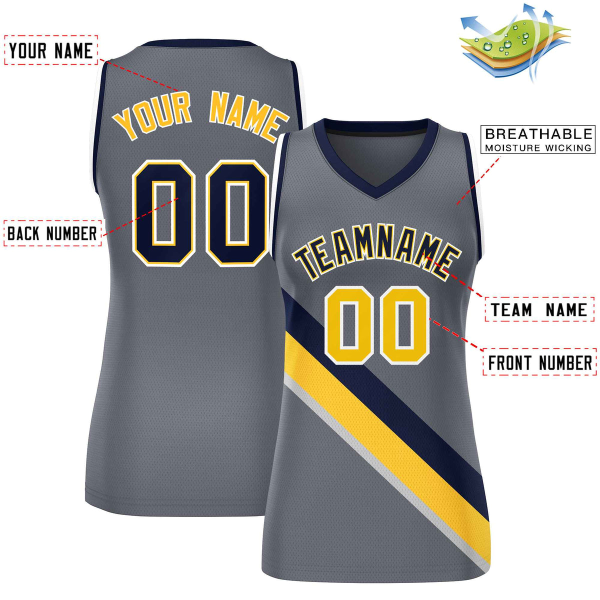 Custom Dark Gray Navy-White Thick Slash Fashion Tops Mesh Netball Dress For Women