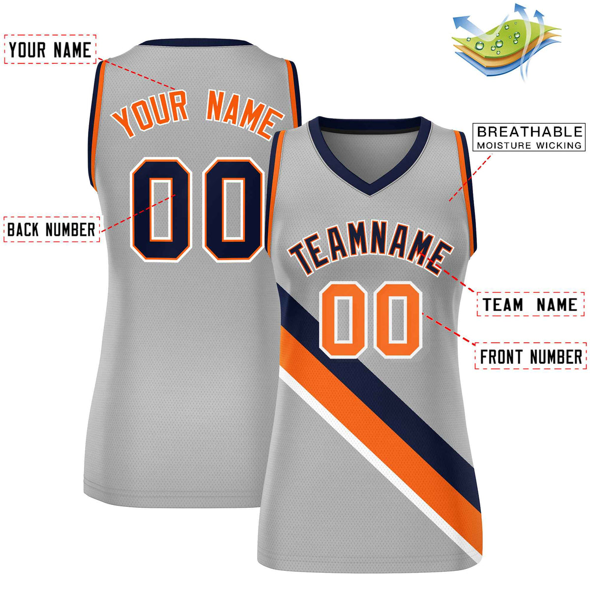 Custom Light Gray Orange-Navy Thick Slash Fashion Tops Mesh Netball Dress For Women