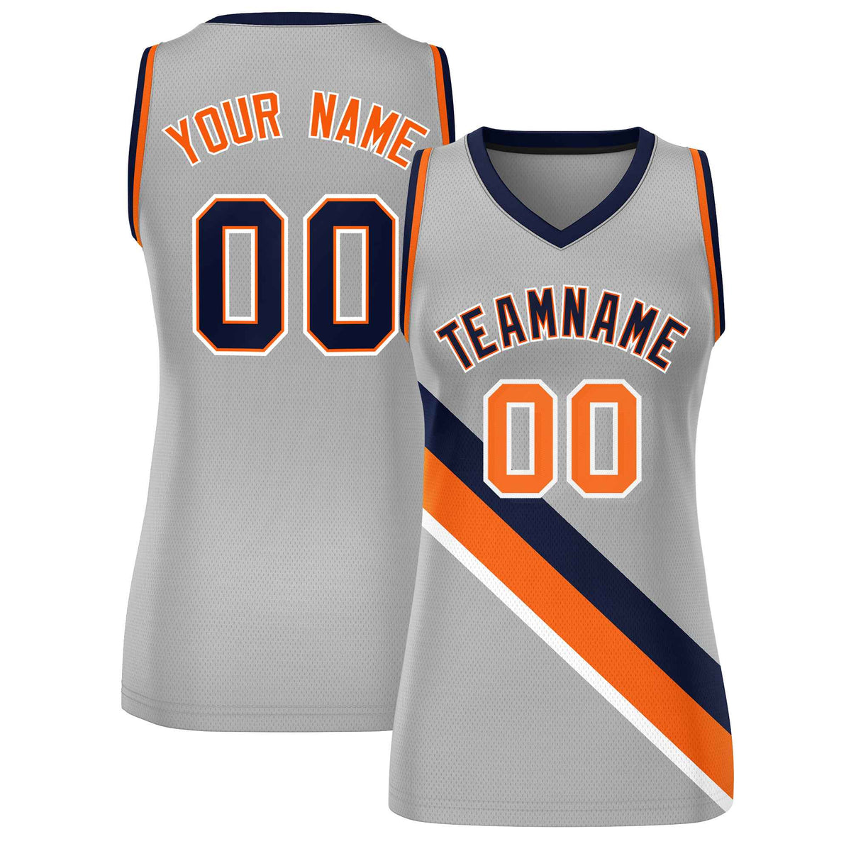 Custom Light Gray Orange-Navy Thick Slash Fashion Tops Mesh Netball Dress For Women