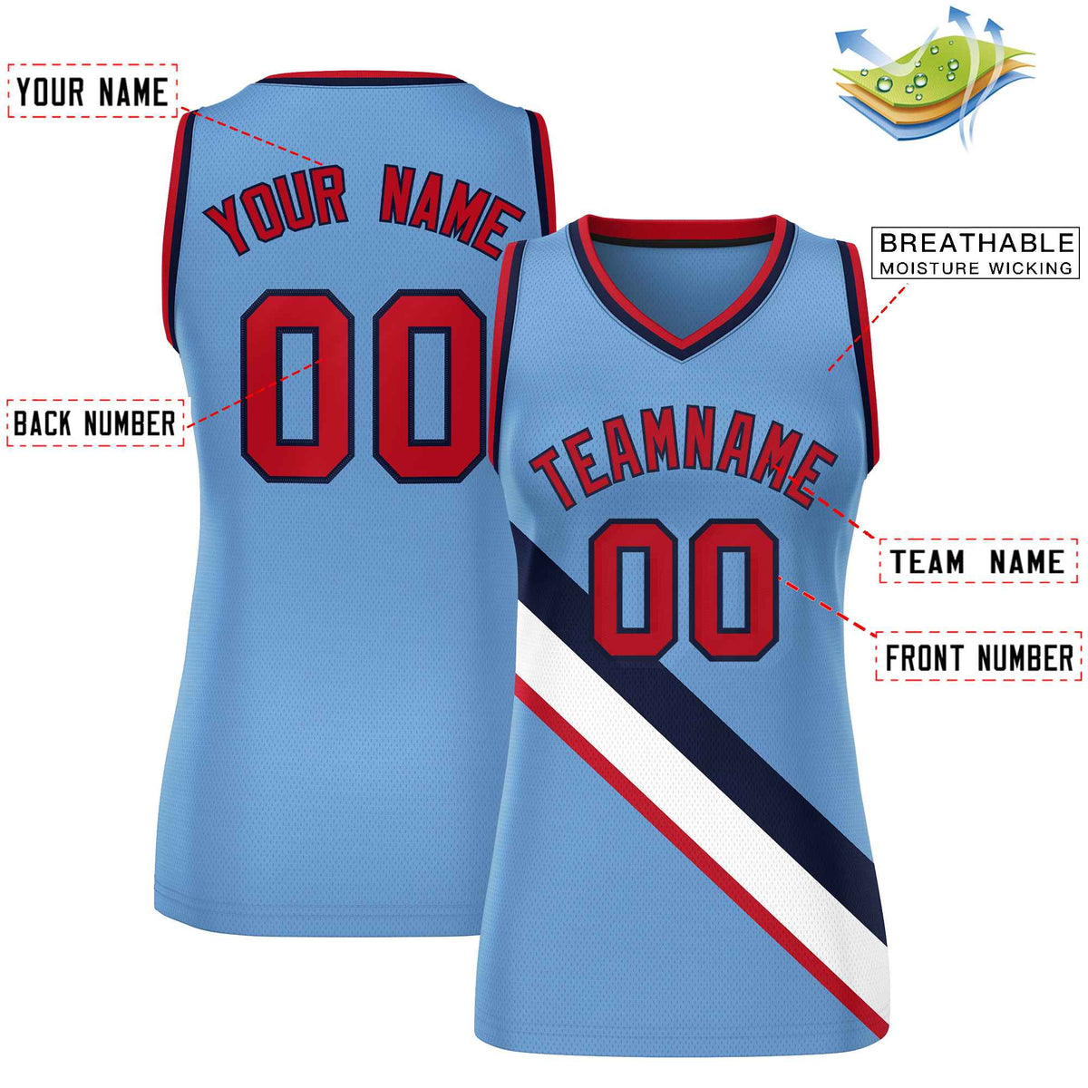 Custom Light Blue Navy-Red Thick Slash Fashion Tops Mesh Netball Dress For Women