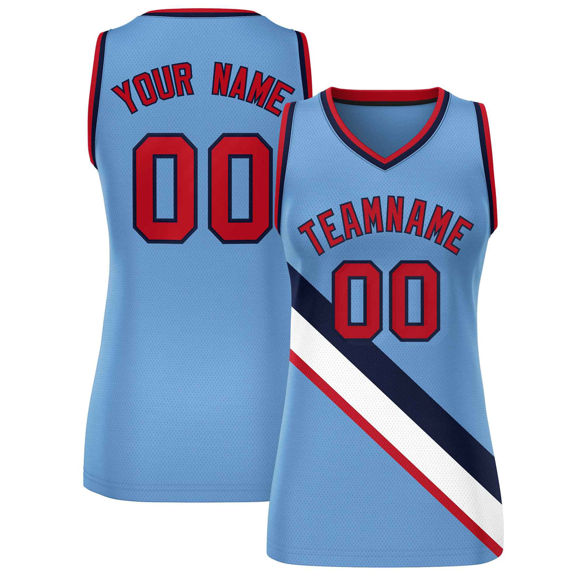 Custom Light Blue Navy-Red Thick Slash Fashion Tops Mesh Netball Dress For Women