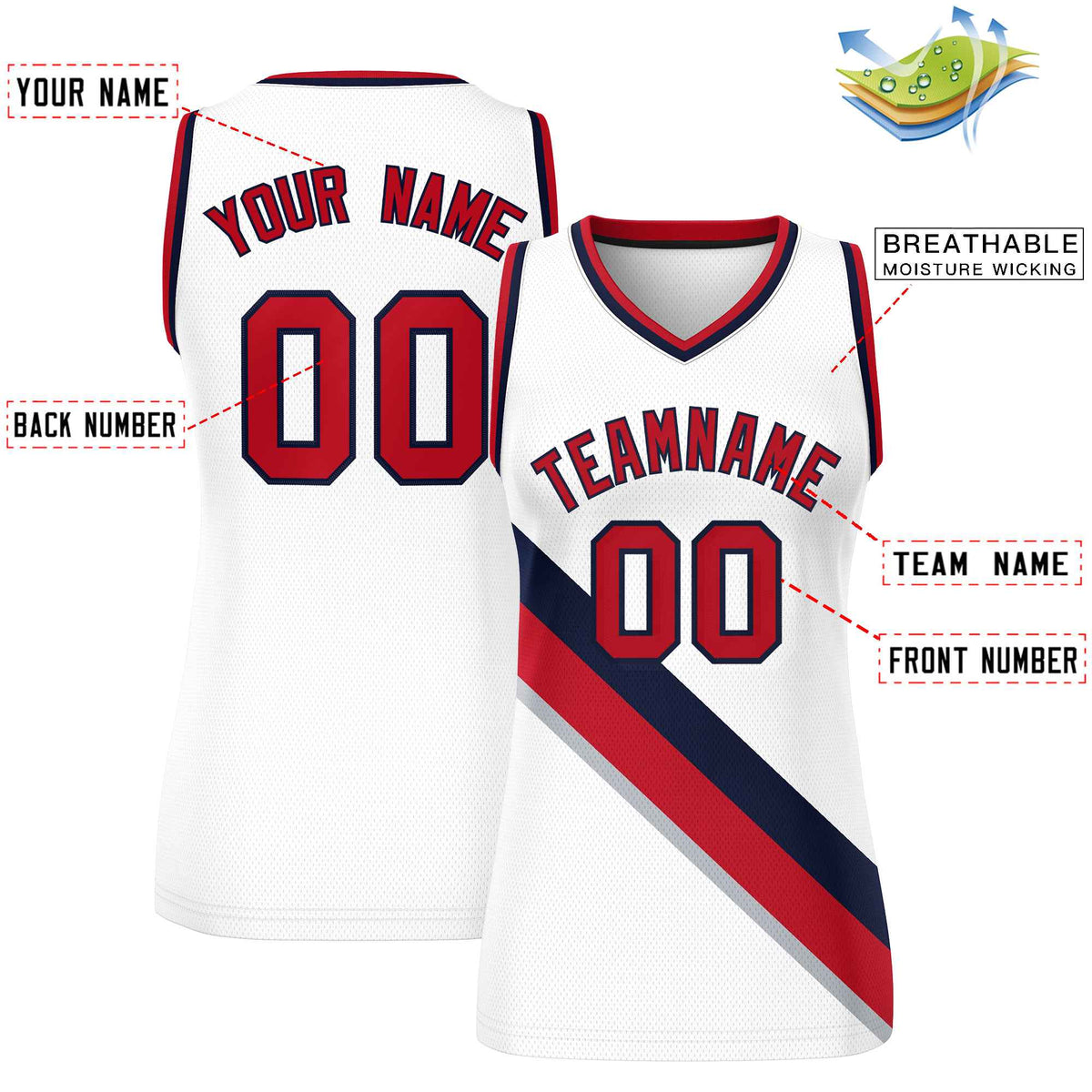 Custom White Navy-Red Thick Slash Fashion Tops Mesh Netball Dress For Women